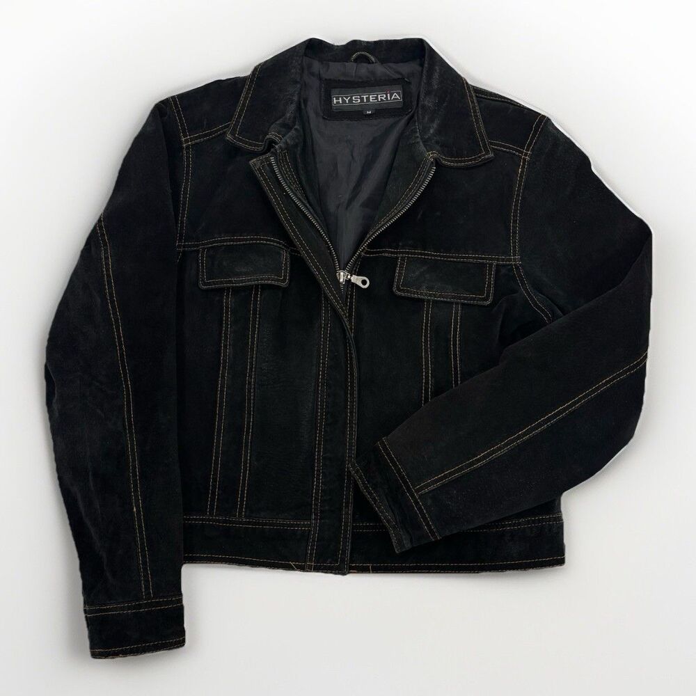Vintage Hysteria Leather Jacket Womens Size Medium Black Contrast Stitching Y2K